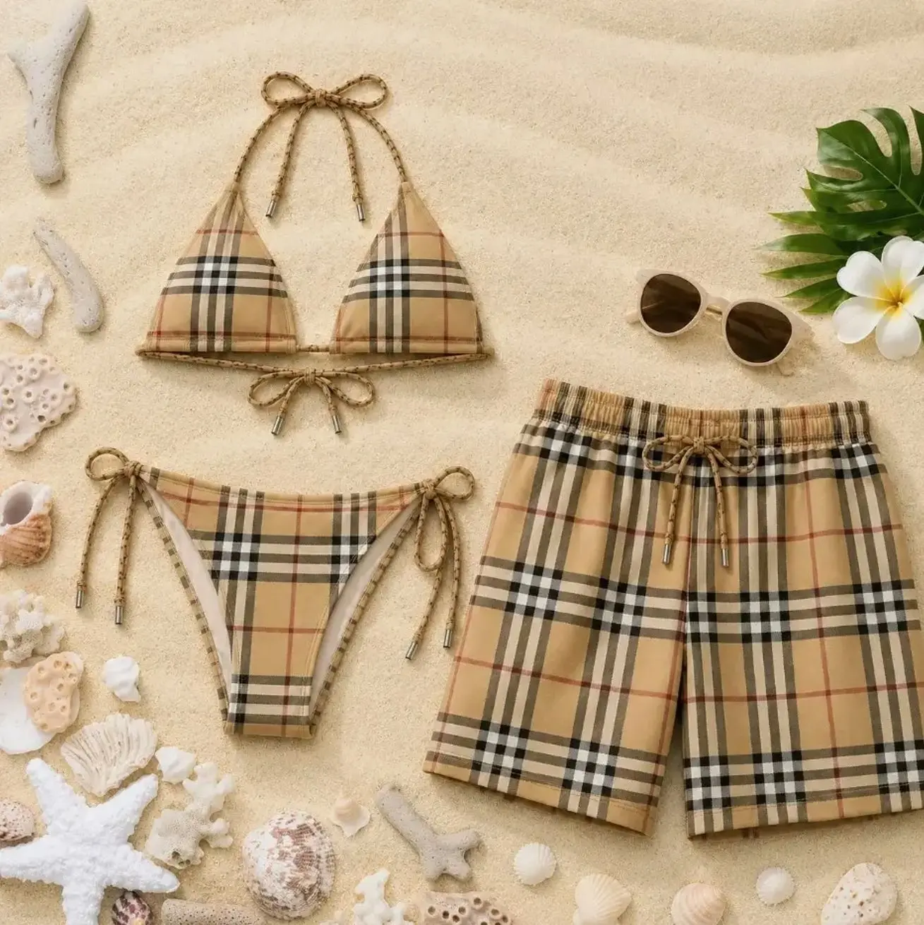 2026 Signature TB Matching Couple Swimwear Set - Women’s Viral Bikini, Men’s Beach Shorts, Ideal for Vacation 9ZM