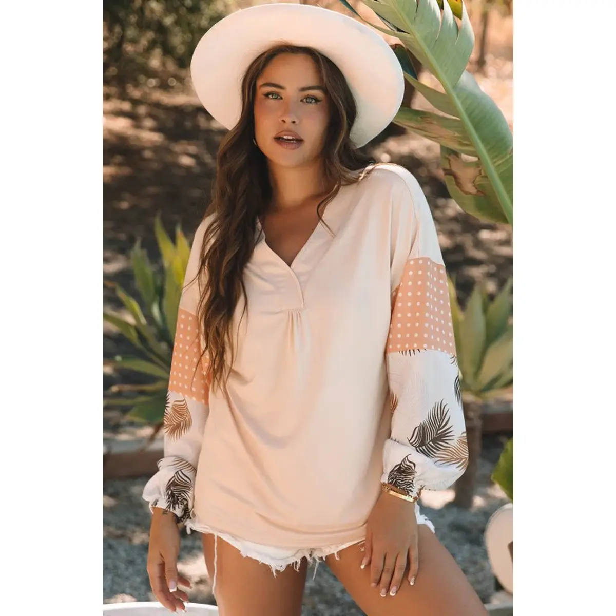 Women's V-Neck Sweatshirt with Puff Sleeves and Patchwork Design