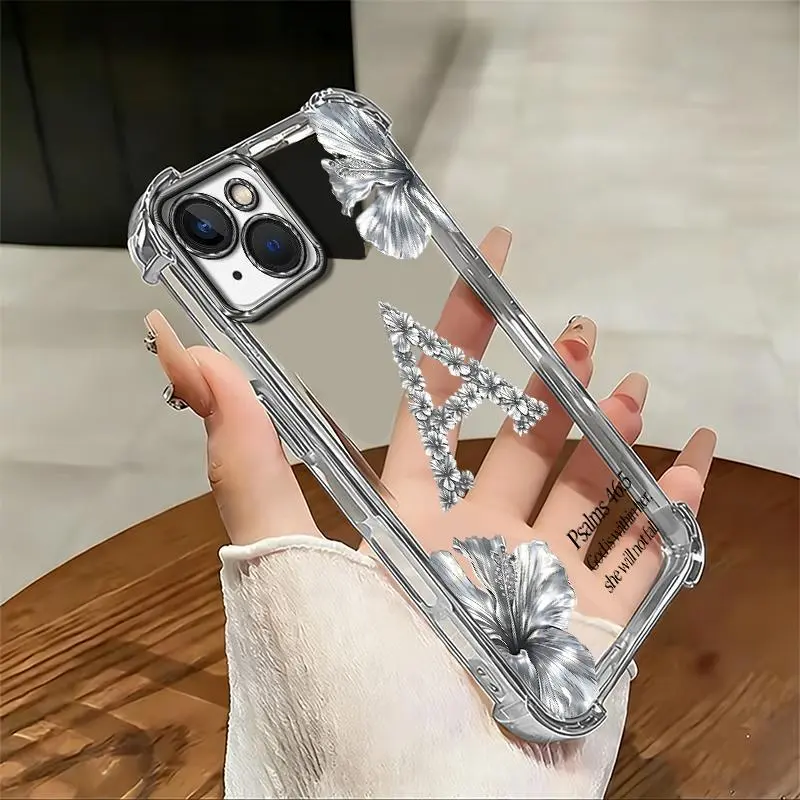 Suitable for [iPhone 13 Mini] high-end phone case🥰, Aesthetic Silver Glitter Initial Floral Phone Case, God Is Within Her Clear 4-Corner Shockproof Camera Protective Cover 952