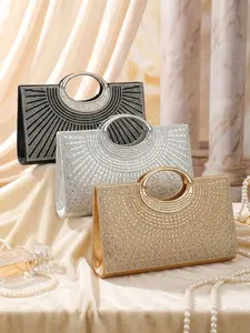 Sparkling Rhinestone Sunburst Evening Bag, Round Handle Handbag, Luxury Touch Clutch, Party Dance Bag, Dress Accessory, Wedding Event Essential, Rhinestone Decorated Bag, Shiny Stylish Bag