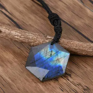 Natural Labradorite Stone Hexagonal Crystal Pendant Healing Reiki Men Women Gemstone Necklace Protection Gift