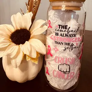 16oz Libby Breast Cancer Warrior Glass with glass straw