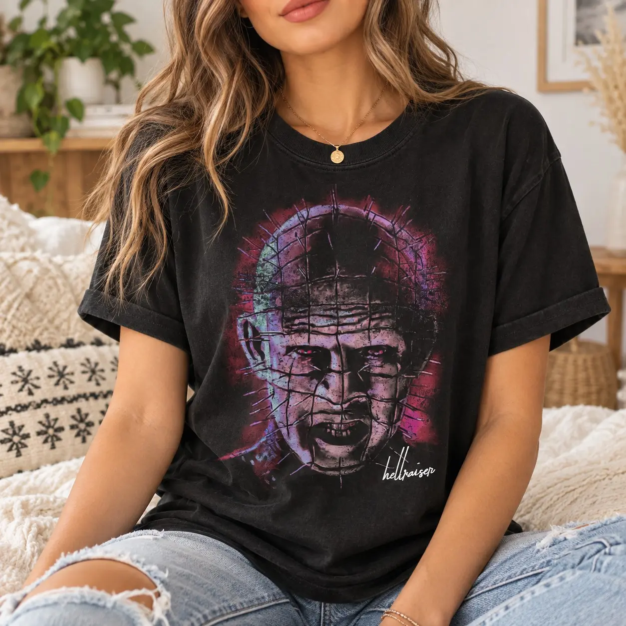 Hellraiser Horror Graphic Tee for Movie Fans, Vintage Short Sleeve for Halloween, Gothic Spooky Season Gift