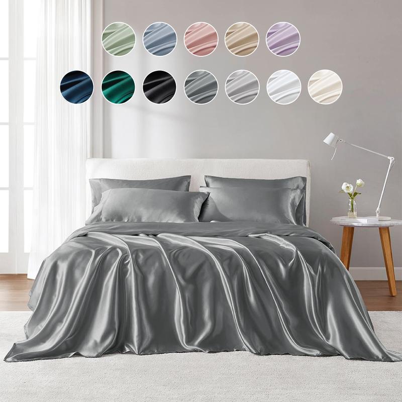 6 Piece Solid Color Satin Sheets Set (1*Flat Sheet + 1* Fitted Sheet + 4*Pillowcases), Luxurious And Silky With Natural Sheen
