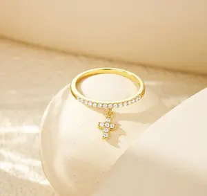 18K Gold Plated 925 Silver Cross-Shaped/Teardrop-Shaped With Zircons Pendant Ring