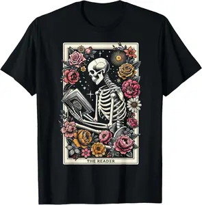 Book Lover The Reader Tarot Card Funny Skeleton Reading T-Shirt Pure Cotton Graphic Tees Menswear Top: Gifts for Men & Women