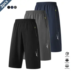 Men's 3-Pack Ice Silk Knee-Length Shorts, Breathable Quick-Dry Straight-Leg Bottoms for Summer Outdoor Fishing, Casual Sports
