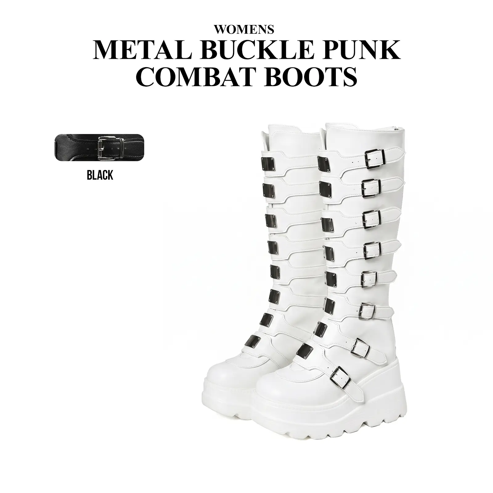 CYNLLIO  Womens Platform Knee High Boots Round Toe High Heel Gothic Boot Zipper Wedge Metal Buckle Punk Combat Spring Boots