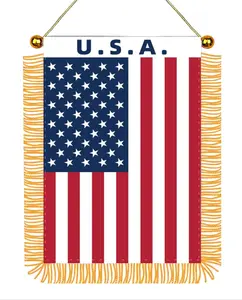 2 Pack 4'' X 6'' USA Window Hanging Flag Fringy Mini Flag Banner & Car Rearview Mirror Décor Fringed & Double Sided - American Hanging Flag with Suction Cup