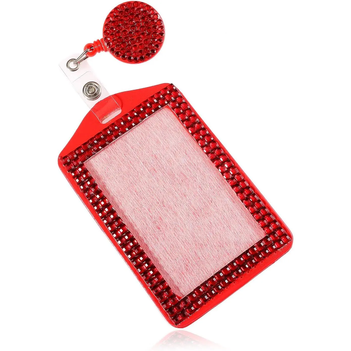Fashion Retractable   Lanyard, Bling ID Name Badge Holder,Portable Rhinestone Work Badge Reel Clip for Nurse,Teacher,,Women(Vertical Card Holder,Black) (Red)