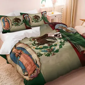 2/3PCS Our Lady of Guadalupe & Mexican Flag Duvet Cover Set, Saint Jude Comforter Cover, Cozy Soft Microfiber Bedding Set (No Filler), Religious Theme Patriotic Print Bed Set for Mexican Heritage, Bedroom & Dorm Decor