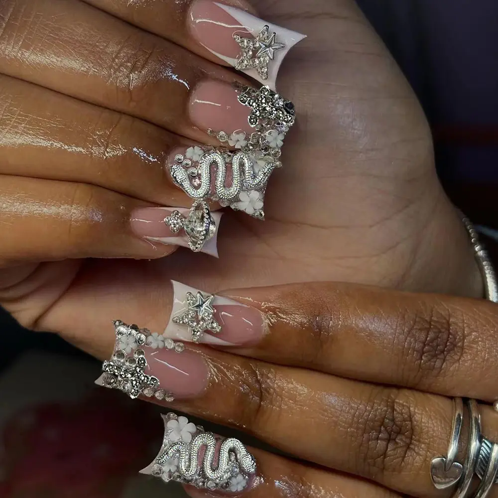 24pcs Duck Foot French Gold Snake Nails Cross Star Flower Elegant Bling Rhinestone Embellished Nail Designs Acrylic Press on Nails Set, Easy Wear, Perfect Fit, Party Dance Daily Use