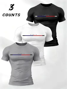 Men's Lightweight Breathable 3-Pack Short Sleeve T-Shirts, Casual Fashion Paris Letter Print, Perfect for Running & Daily Wear, Athletic Workout Clothing