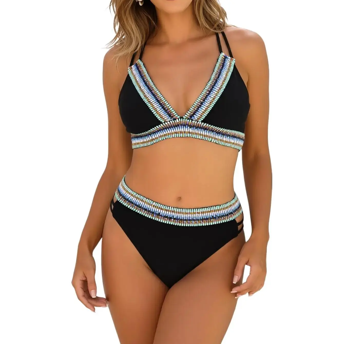 Women's Black Rainbow Stripe Woven Halter 2-Piece Bikini Set - High Waist Cutout, Triangle Top, Cheeky Full Coverage Bottom, Beaded Trim, Removable Padding, Deep V-Neck, Moderate Back Coverage Beach Swimwear, High Waisted Bottoms, Halter Bikini, Beachwear