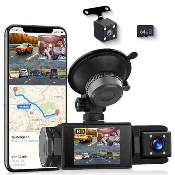 3 Channel 360-Degree Car Camera, 2.0-Inch IPS 1080P Display, Built-in GPS WiFi, 4IR Night Vision, Motion Detection, Loop Overwrites Old Clips, Smart Driving Tech, Exposure Compensation, OSD in Many Languages, Reversing Help, Free 64G Card for Car Owners