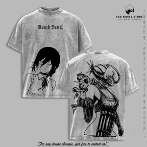 Reze Chainsaw Man Vintage Oversize Washed Anime T-Shirt, Bomb Girl Heavy Cotton Graphic Tee, Dark Streetwear for Manga Fans and Collectors