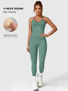 Women's Sporty Backless Sleeveless Sports Tank Top & High Waist Leggings Set, Detachable Padding, Gym Outdoor Running Yoga Wear, Yoga Workout Activewear, Workout Sets