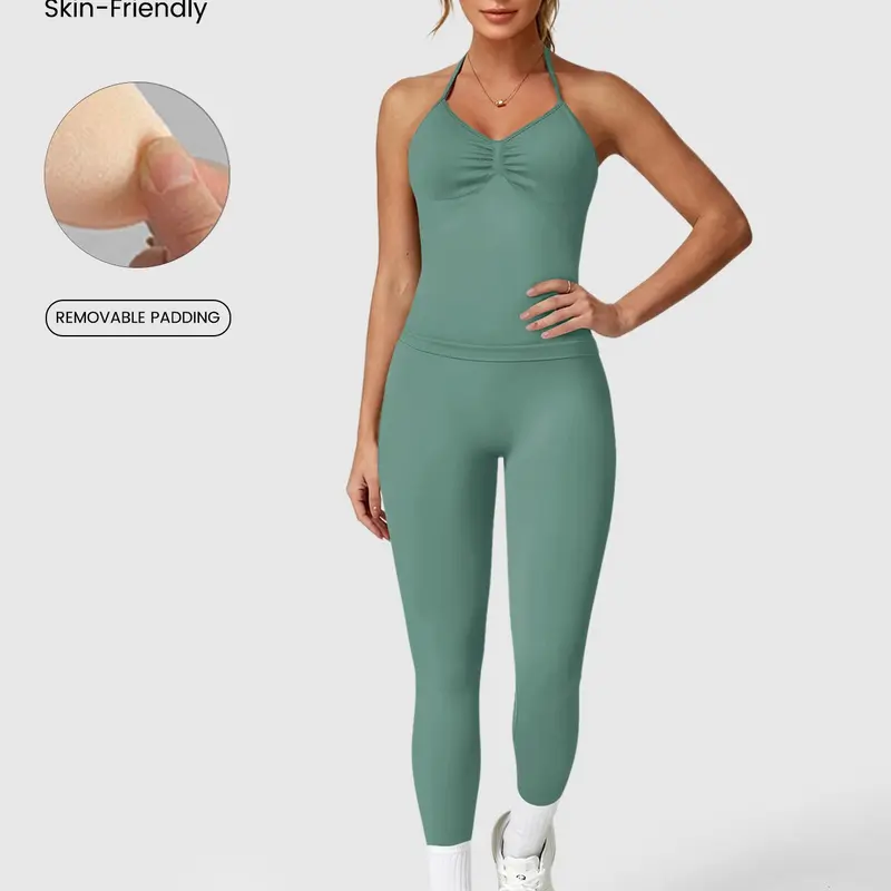 Women's Sporty Backless Sleeveless Sports Tank Top & High Waist Leggings Set, Detachable Padding, Gym Outdoor Running Yoga Wear, Yoga Workout Activewear, Workout Sets, Exercise Clothing Set, Women Workout Clothes