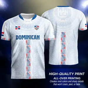 Dominican Republic Soccer Jersey 2026 White Blue Taino Pattern 3D All Over Print Unisex Fan Shirt Red Blue Triangle Stripe Streetwear Casual Oversized Tee Fall Sport