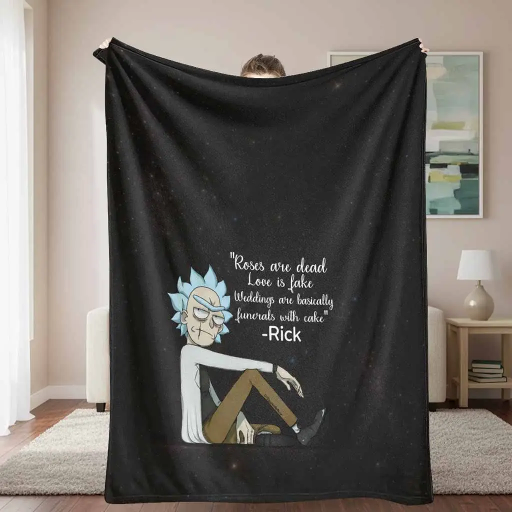 Rick And Space Quote Flannel Blanket Cartoon Character Printed Design Soft Cozy Lightweight Warm Durable Throw Blanket For Sofa Bedroom Living Room Office Gift Decor