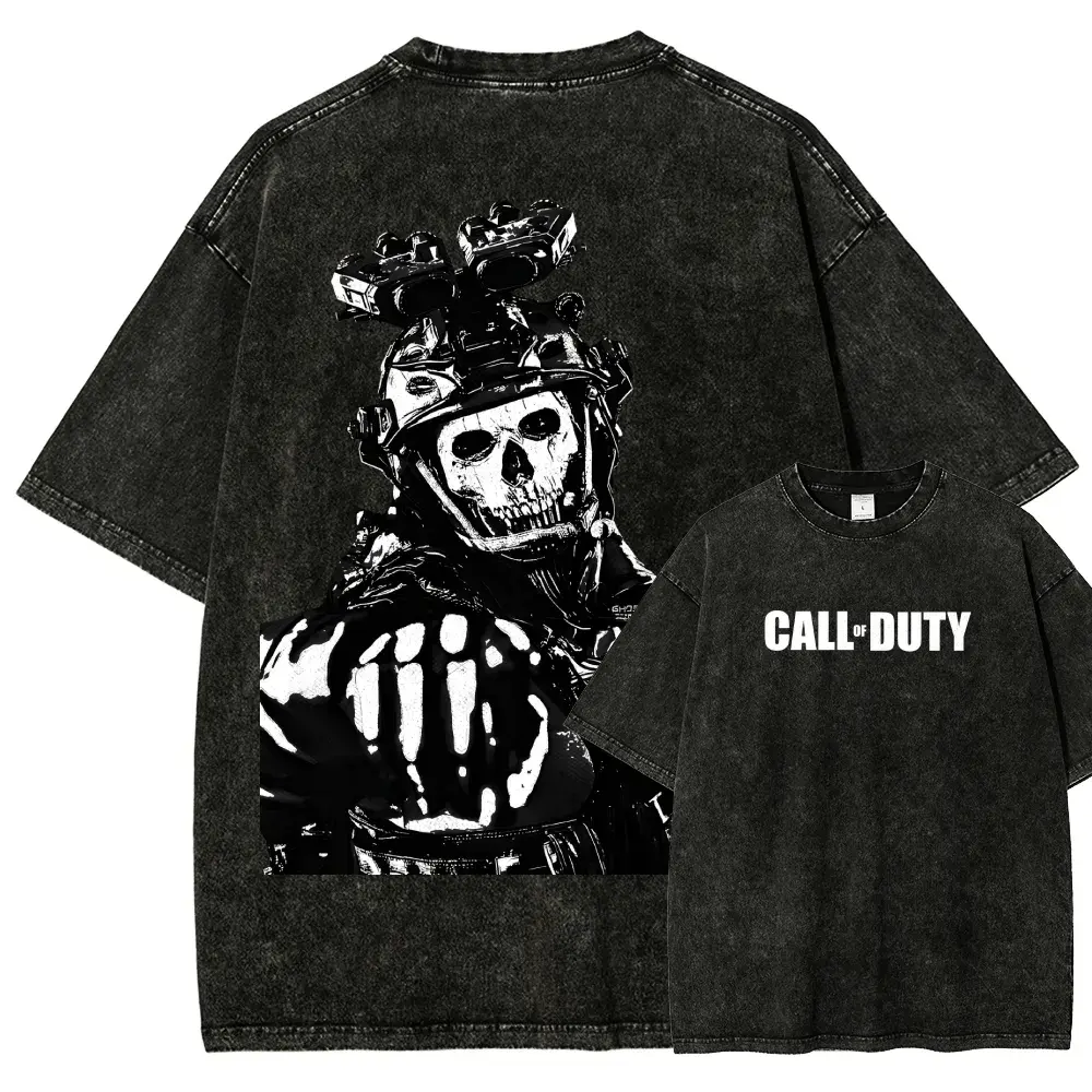 Call of Duty Modern Warfare Inspired Washed Black T Shirt, Tactical Skull Soldier Graphic Tee with Military Combat Style Back Print, Vintage Distressed Cotton Streetwear Shirt for Men, Gamers, FPS Fans, Outdoor and Casual Daily Wear