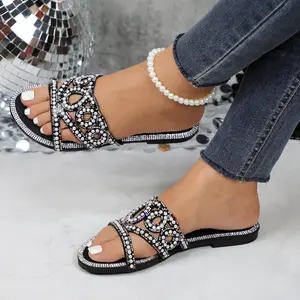 Women's Fancy Flat Sandals Sparkly Glitter Rhinestone Pearls Slides Open Toe Footwear Trendy Fashion Slip-on Comfortable Summer Beach Casual Shoes Chanclas BD