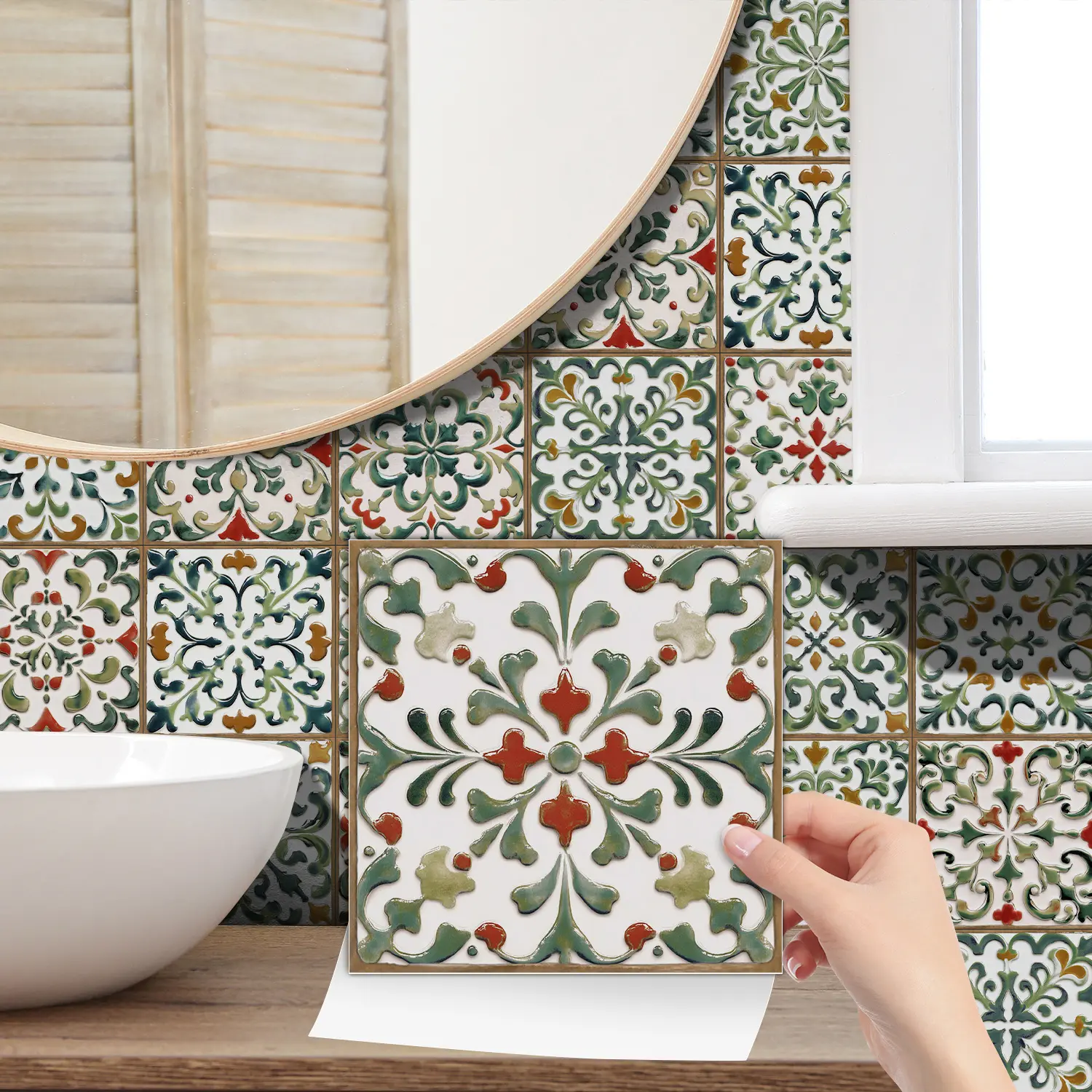 24pcs Classic Art Floral Brick Pattern Wall Stickers, Patchwork Design, Self-Adhesive Waterproof Oilproof Removable Decorative Tiles, Flowers