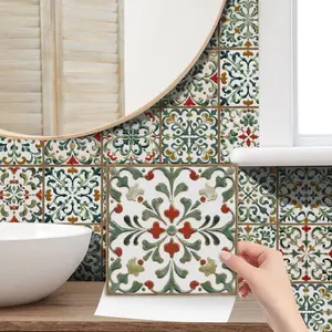 24pcs Classic Art Floral Brick Pattern Wall Stickers, Patchwork Design, Self-Adhesive Waterproof Oilproof Removable Decorative Tiles