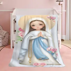 1pc Soft Flannel Fleece Blanket, Virgin Mary Cartoon Design, Contemporary Style, All Seasons, Machine Washable, Digital Print, Polyester 100%, 200-250gsm, Perfect for Sofa, Bedroom,Applies to Super soft  decorative sofa/sofa/bedroom