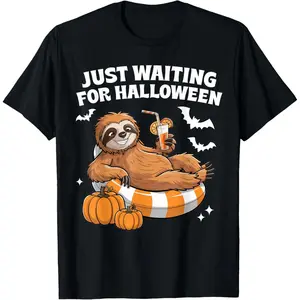 100% Cotton Just Waiting For Halloween Cute Lazy Sloth Halloween T-Shirt