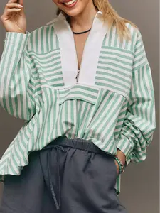 Women's Green Stripe Half Zip Long Sleeve Swing Tops Fall Casual Striped Shirts Fashion Color Block Blouse Elegant Pullover Tee Athletic Aesthetic Apparel Outdoor Active Outfits Preppy Style Clothing