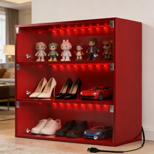Red LED Shoe Rack Organizer with Glass Door – Valentine's Gift for BF, Sneaker Storage Cabinet with RGB Light, Stackable Man Cave Decor, Vintage Shoe Display, Remote Control, 3-Tier (1-Pack / 2-Pack Available)