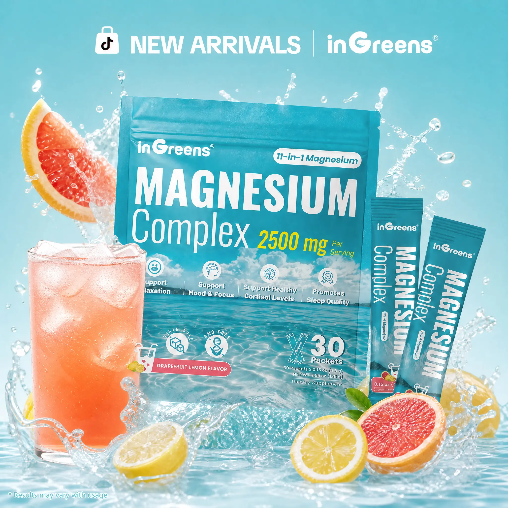 INGREENS 11-in-1 Magnesium Complex Powder - GMP-Certified, Non-GMO, Gluten-Free, Sugar-Free Dietary Supplement for Fitness, Sleep Support, 30 Servings Grapefruit Lemon Flavor Science-Backed Wellness Aid