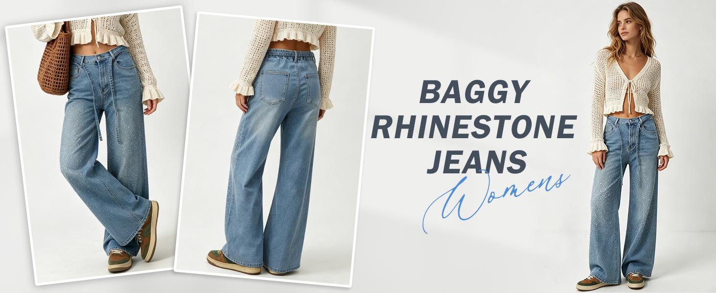 Tanming Womens Rhinestone Wide Leg Jeans High Waisted Baggy Sparkly Denim Pants Y2K Loose Fit Streetwear Trousers