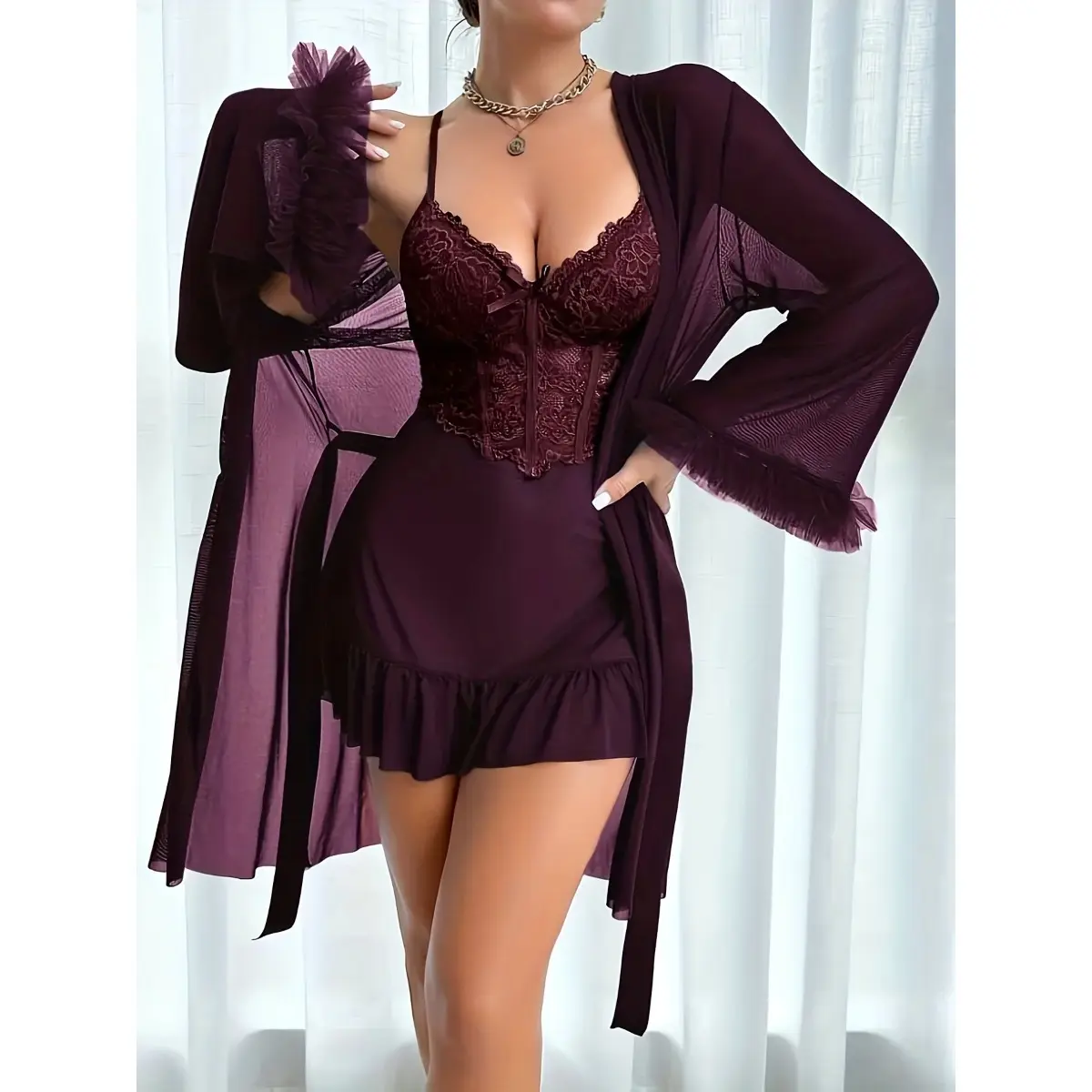 Women's Top 2-Piece Silky Lingerie Set - Adjustable Suspenders, Feminine Cami, Sheer Lace Bottom, Comfortable Romantic Loungewear for Valentine's Day, Camisole