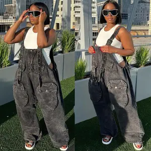 2025 New Women’s Clothing — Personalized street-style wide-leg pants with large pockets; casual overalls/trousers; loose suspender jeans made from denim fabric