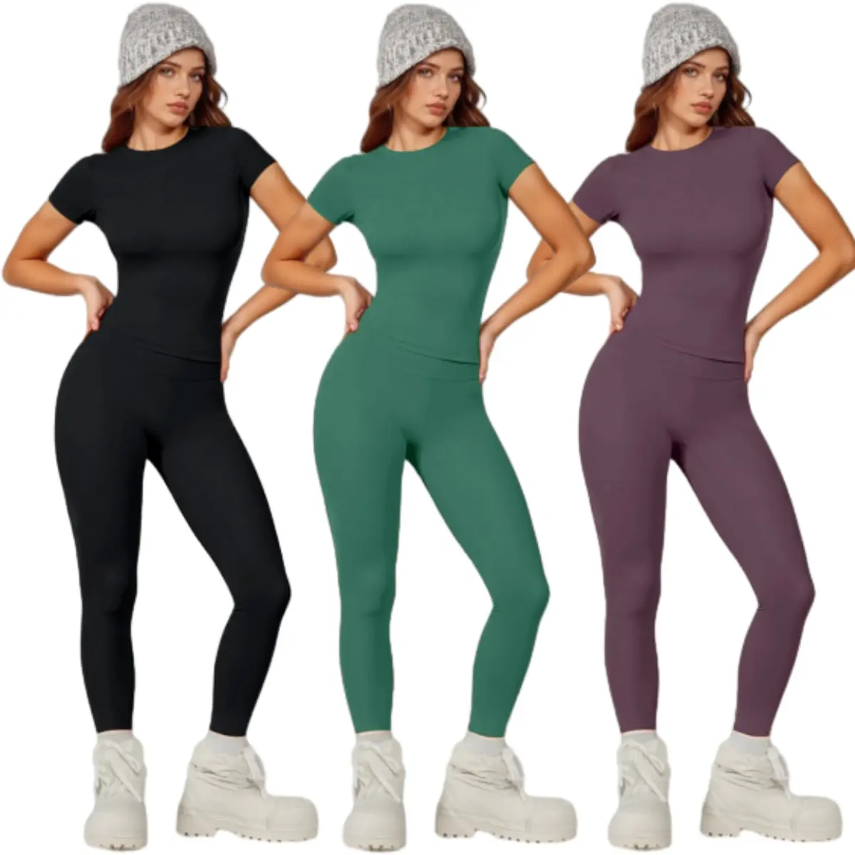 2-Piece Sporty Breathable Comfy Sweatsuits Set, Youthful Campus Solid Color Round Neck Elastic Fit Jacket with High Waist Tight Butt-Lifting Bottoms, Versatile Workout Daily Wear Yoga Clothes for Dance, Running