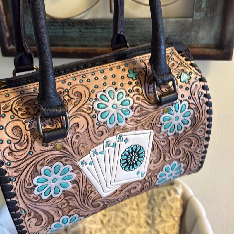 Western Rodeo Tooled Leather medium Speedy Purse turquoise Design Classic Style