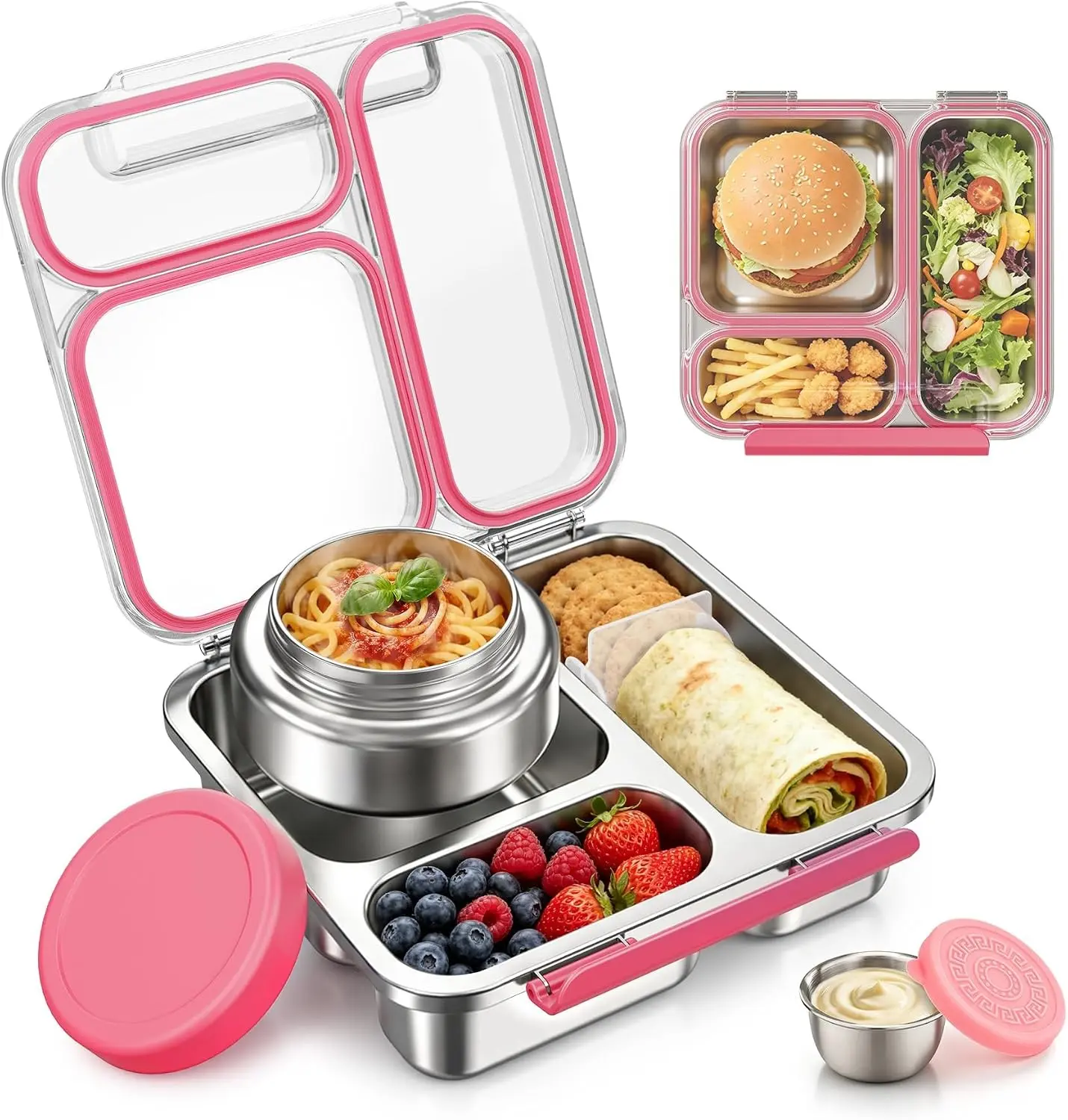 Stainless Steel Bento Box Kids Adult with 7oz Insulated Food Jar, Transparent Lid Metal Lunch Box With Soup Thermal Jar, Lunch Box Container with Removable Divider & Sauce Cup School (Pink)Gift.