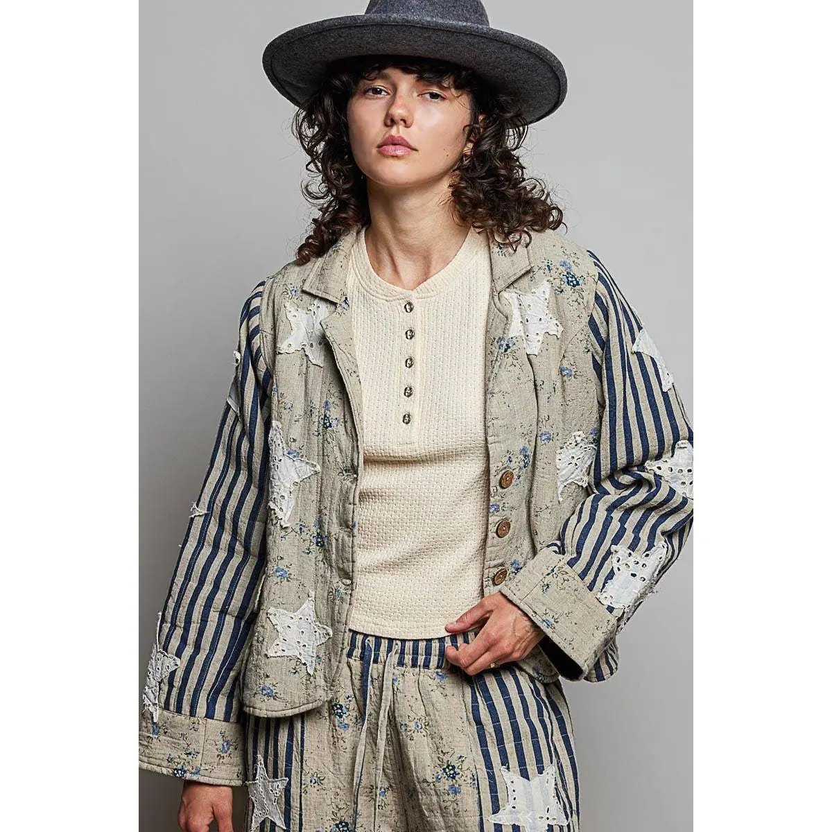 Shoot for the Stars Striped Sleeves Handcrafted Quilted Patchwork Woven Jacket