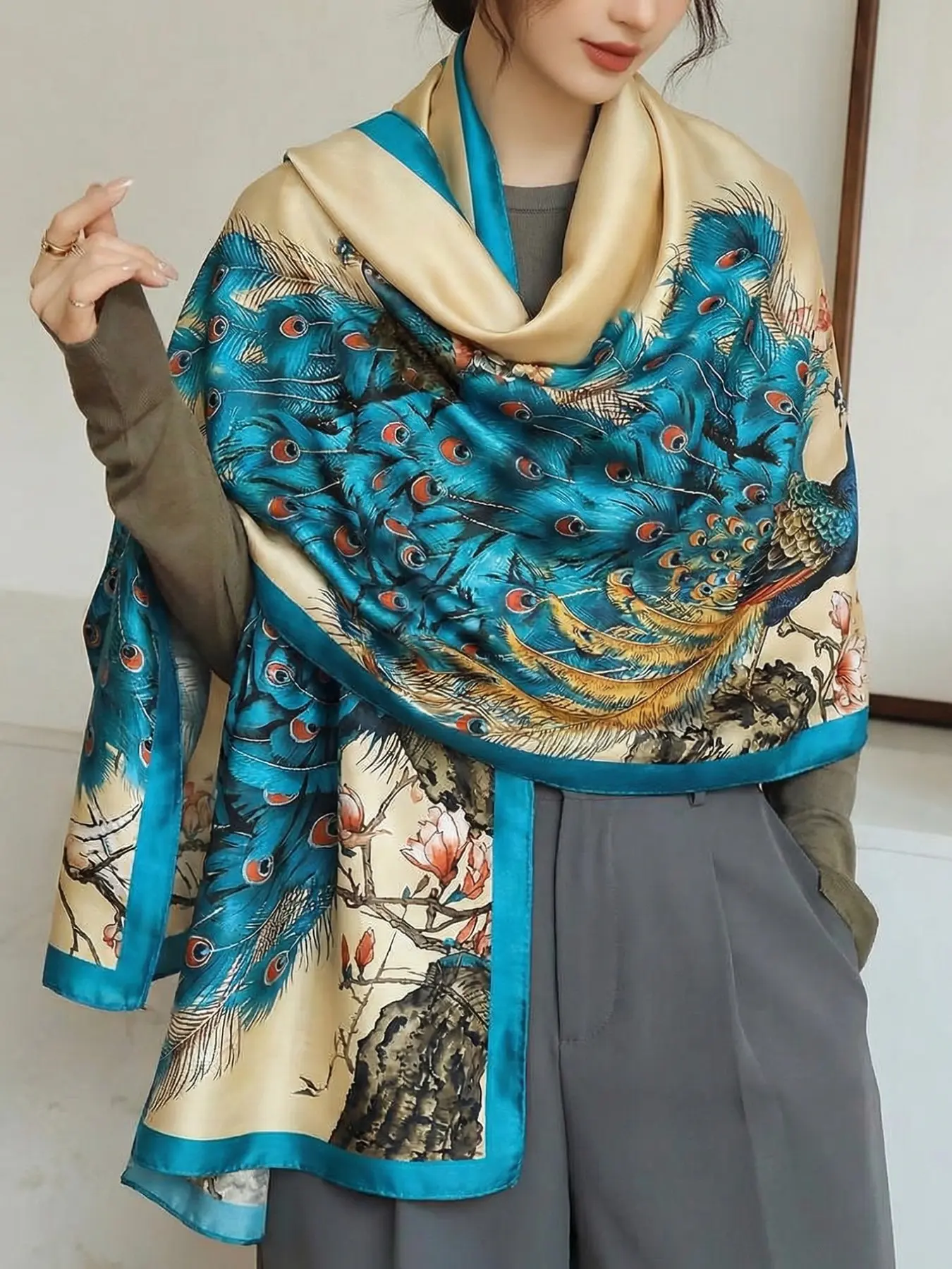 Elegant Silk Scarf with Peacock Print Design, Versatile Lightweight Shawl for All Occasions, Stylish Bandana & Headscarf Accessory