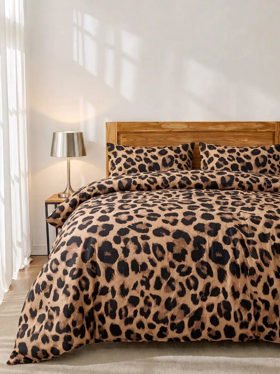 2/3pcs  Breathable And Super Soft, Leopard Print Duvet Cover Set, Suitable For All Seasons (1pc Duvet Cover + 1/2pcs Pillowcase, Excluding Comforter/Pillow), Soft Dual-Color Design, Ideal For Bedroom, Guest Room, Dorm. 1pc Duvet Cover + 1/2pcs Pillowcase