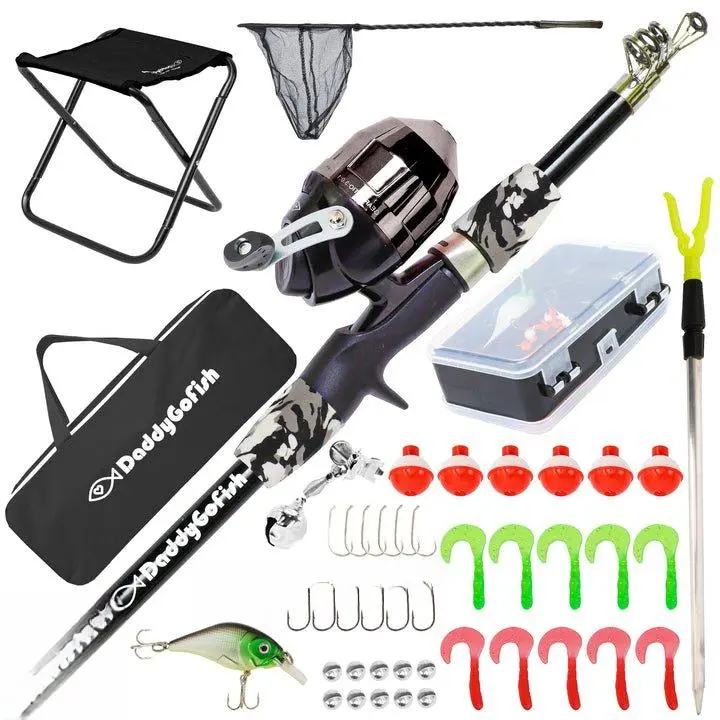 DaddyGoFish Kids Fishing Pole Rod Reel Combo Tackle Box Starter Set with Collapsible Chair & Spincast Reel for Boys Girls Toddler Youth Age Beginner Little Children Junior Anglers