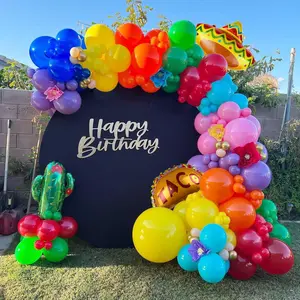 Mexican Fiesta Party Decorations with a 159pcs Fiesta Balloon Arch Garland Kit, featuring cactus, sombrero, and taco balloons. Perfect for Cinco de Mayo, Taco Twosday, and birthday celebrations