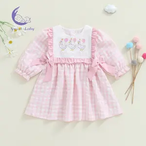 Toddler Baby Girl Fall A-Line Dress, Goose Embroidered Plaid, Bow Accents, Ruffled Trim, Crew Neck, Long Sleeve