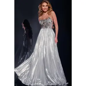 Jovani -41117 Shimmering Silver Prom Dress with Metallic Pleated Skirt