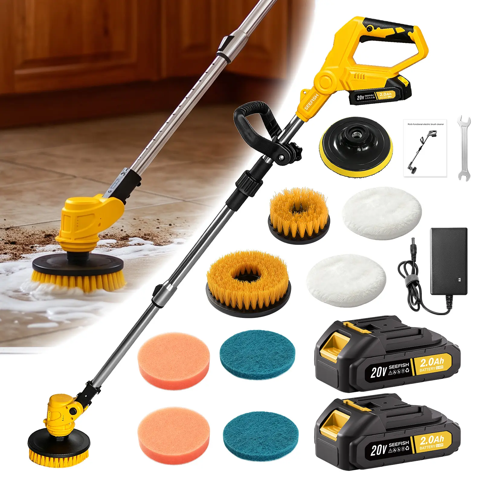 cordless rotating floor swimming pool multifunctional cleaning brush, equipped with telescopic pole, rechargeable battery, multiple brush heads and cleaning pads; Suitable for kitchen floor cleaning