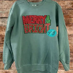 Merry and Bright Christmas Sweater Comfort Colors Green Faux Sequin Patch’s