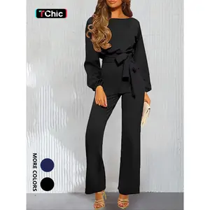 Women’s solid-color fitted jumpsuit with a keyhole neckline and belt, elegant bishop-sleeve jumpsuit for fall and winter, women’s clothing for everyday wear