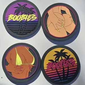 Vices Babes Coaster Set - 4-Pack Double Sided with Booties, Boobies and Palm Tree Designs for Tabletop Protection